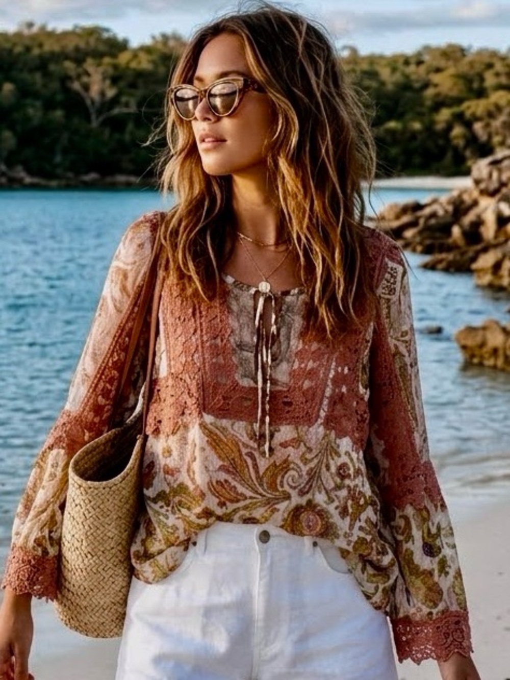 Sundance 100% Silk Paisley Crochet Lace Boho Blouse Size M
